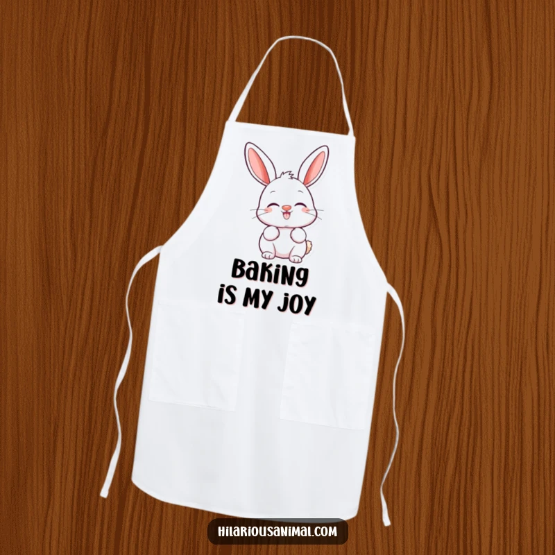 Funny bunny apron featuring a happy chef bunny with a twitching nose and ears perked high in amusement.