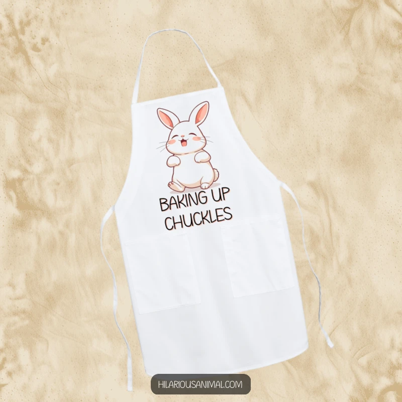 Funny rabbit apron showing a bunny with its belly exposed, shaking with silent laughter, bringing whimsy to cooking.