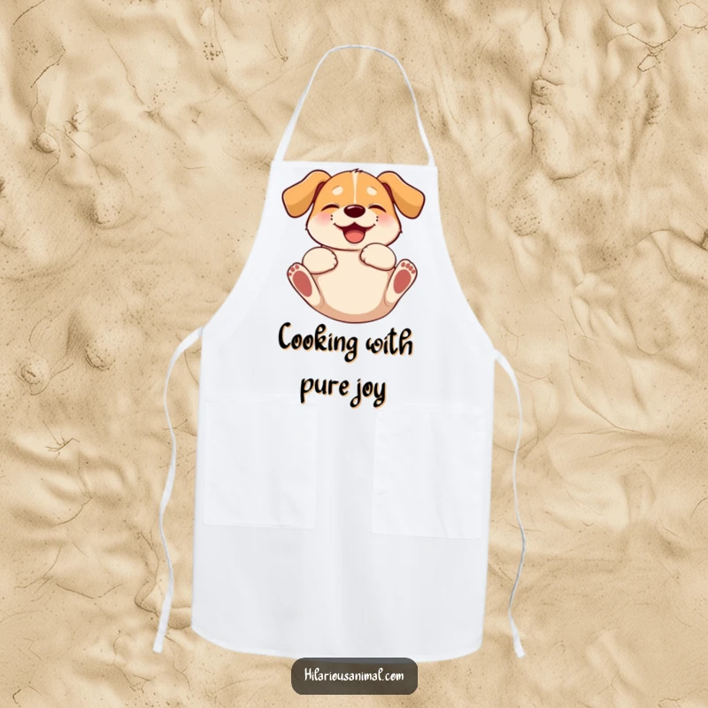 Funny dog apron featuring a floppy-eared chef pup rolling on its back with uncontainable giggling delight.