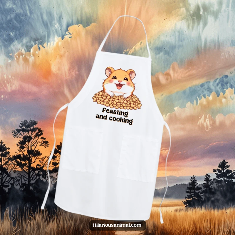 Funny hamster apron featuring a cheerful chef hamster with a wide grin, peeking from a pile of seeds.