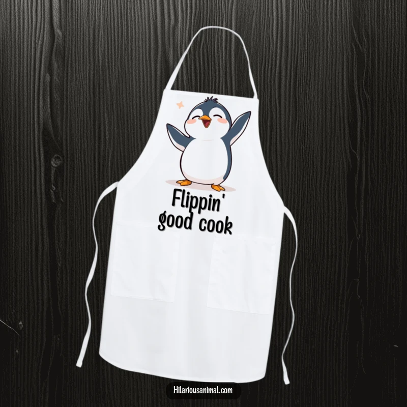 Funny clumsy penguin apron with a penguin flapping flippers uncontrollably and chuckling, a humorous kitchen essential
