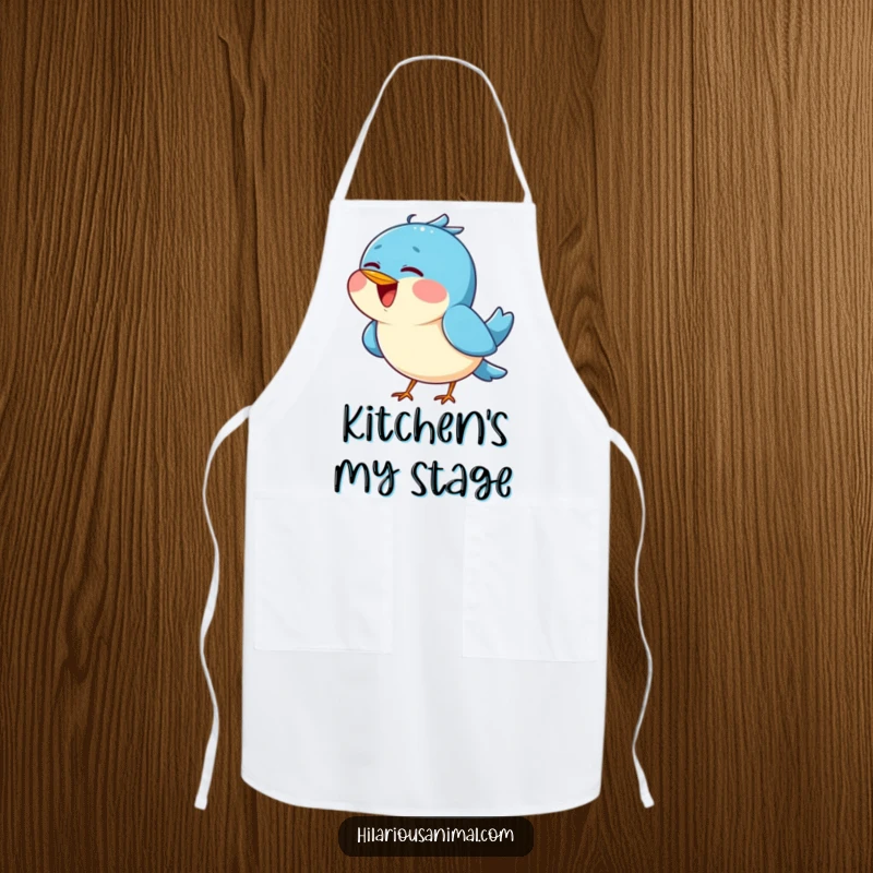 Funny Blue Bird Chirping Apron - A cheerful kitchen apron with a blue bird tilting its head back and singing joyfully, perfect for happy cooking.