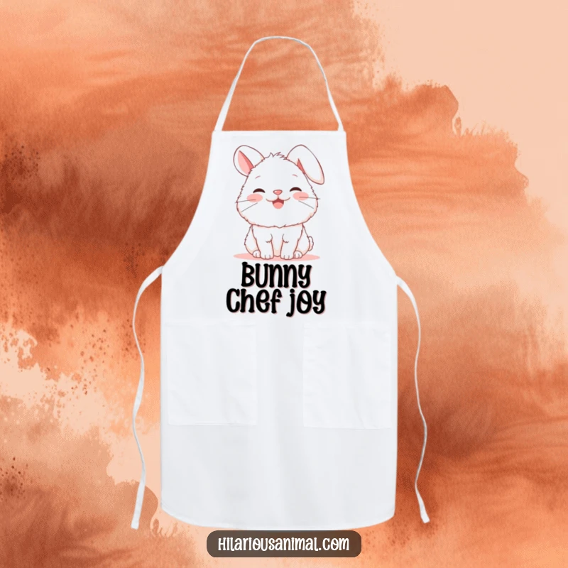 Funny bunny apron showing a fluffy white rabbit mid-snort of glee, ears flopped, ideal for cooking and baking with a smile.
