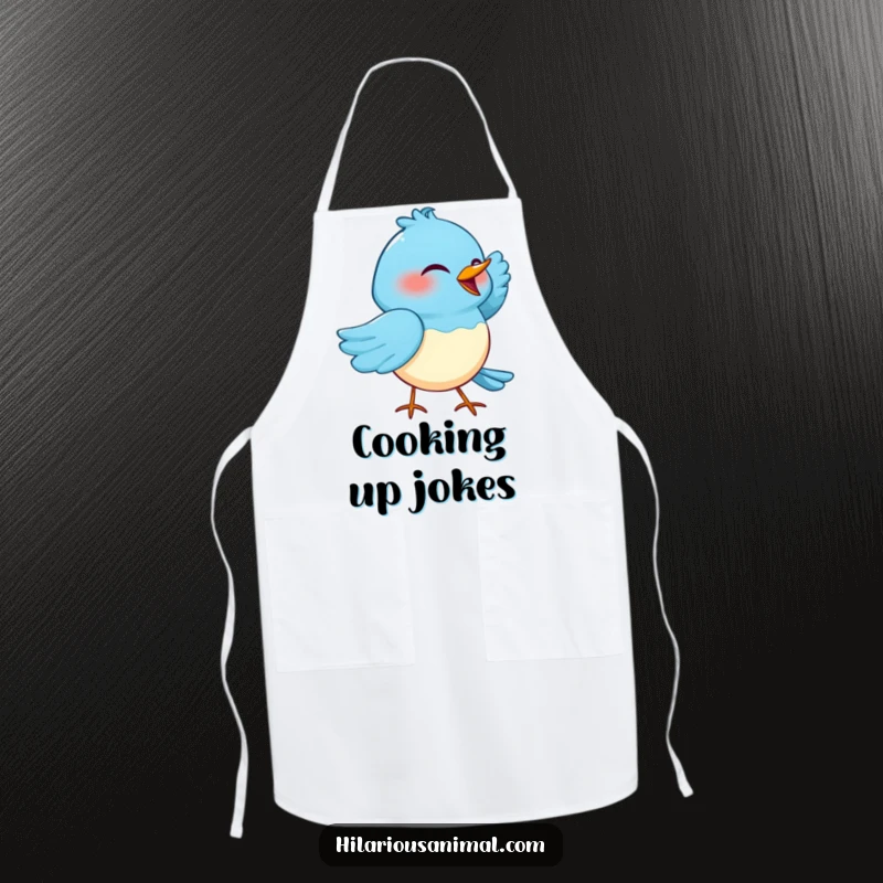 Funny apron featuring a blue bird cackling with one wing tucked under its head, perfect for a humorous cooking experience.