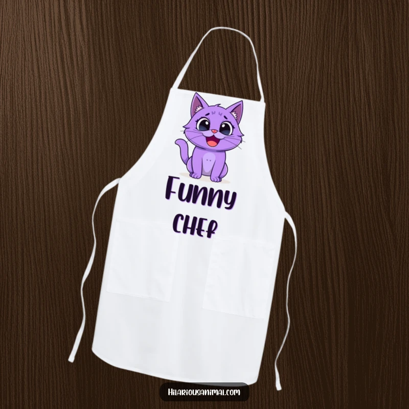 Funny purple cat apron, creature with wide eyes laughing uncontrollably while cooking, practical and humorous.