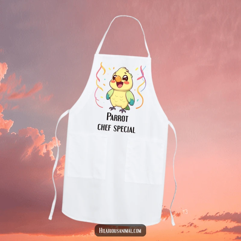 Funny joyful parrot with bright eyes chuckling, surrounded by streamers, on a kitchen apron, a festive and funny gift.