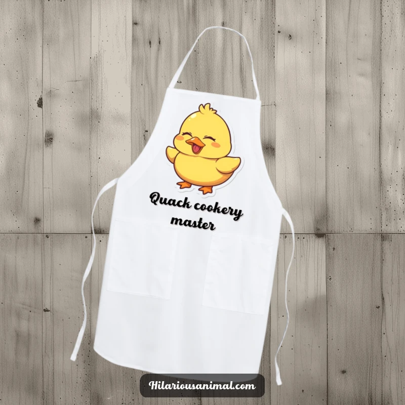 Funny Duck Quacking Apron showing a chubby yellow duck laughing with its eyes squeezed shut, making cooking a fun and humorous experience.