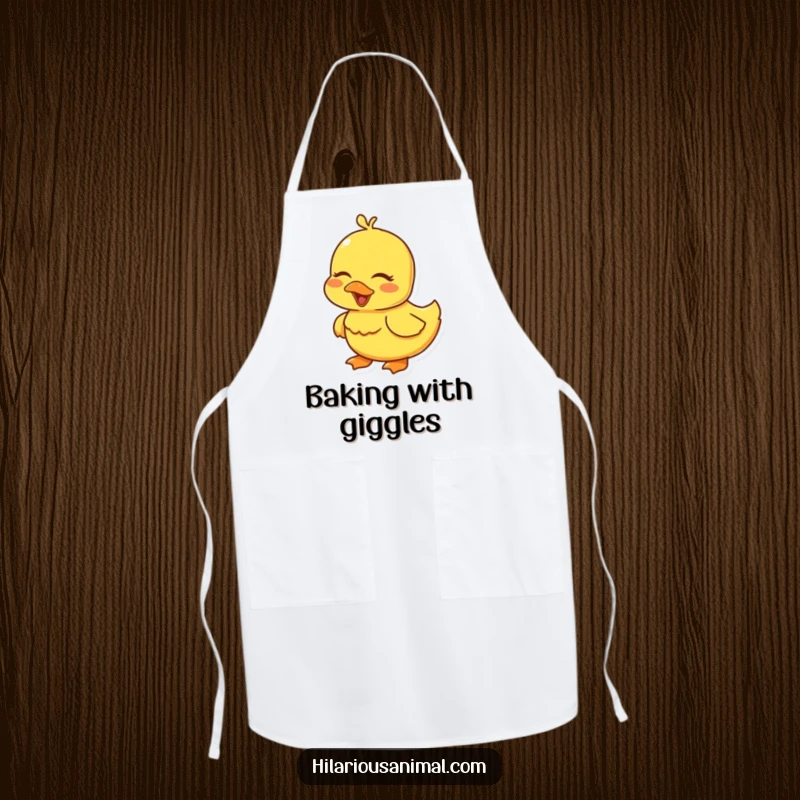 Funny yellow duckling apron, eyes closed in a sweet giggle, for a cheerful cooking experience.