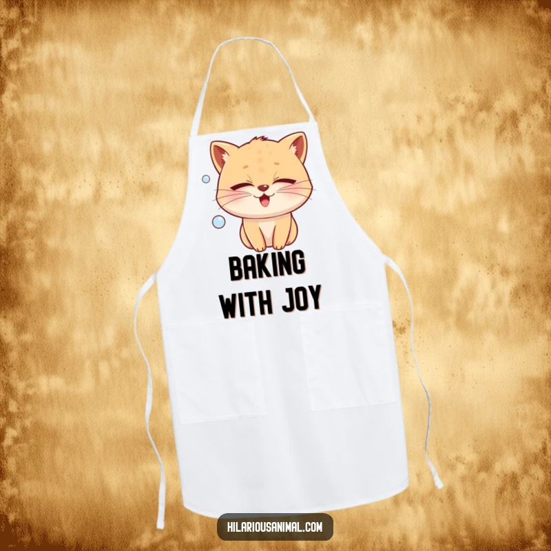 Funny whiskered animal with closed eyes, emitting a bubble of joy, on a kitchen apron, a cheerful and funny gift.