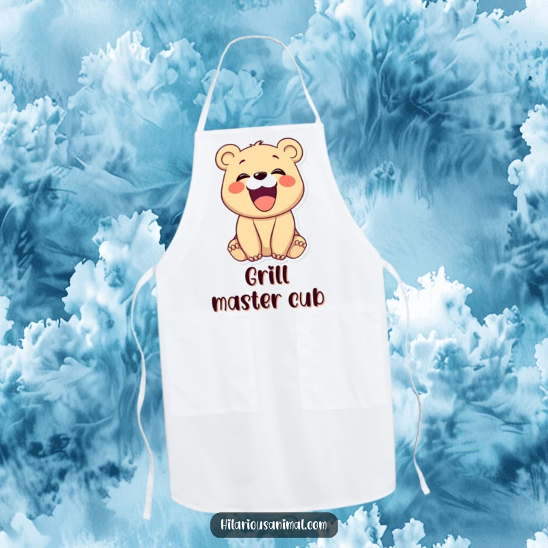 Funny bear cub laughing heartily with its mouth open, on a kitchen apron, a cheerful and funny gift.