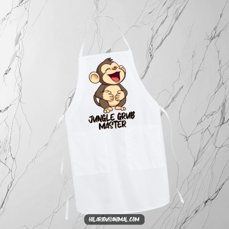 Funny monkey apron showing a silly character holding its belly, roaring with laughter, keeping you clean with a side of infectious primate humor.