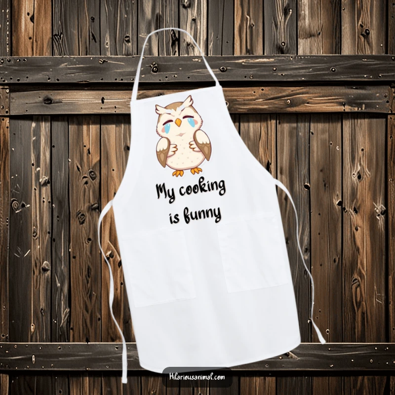 Funny apron with a hilariously laughing owl, tears streaming, perfect for a humorous cooking funny gift.
