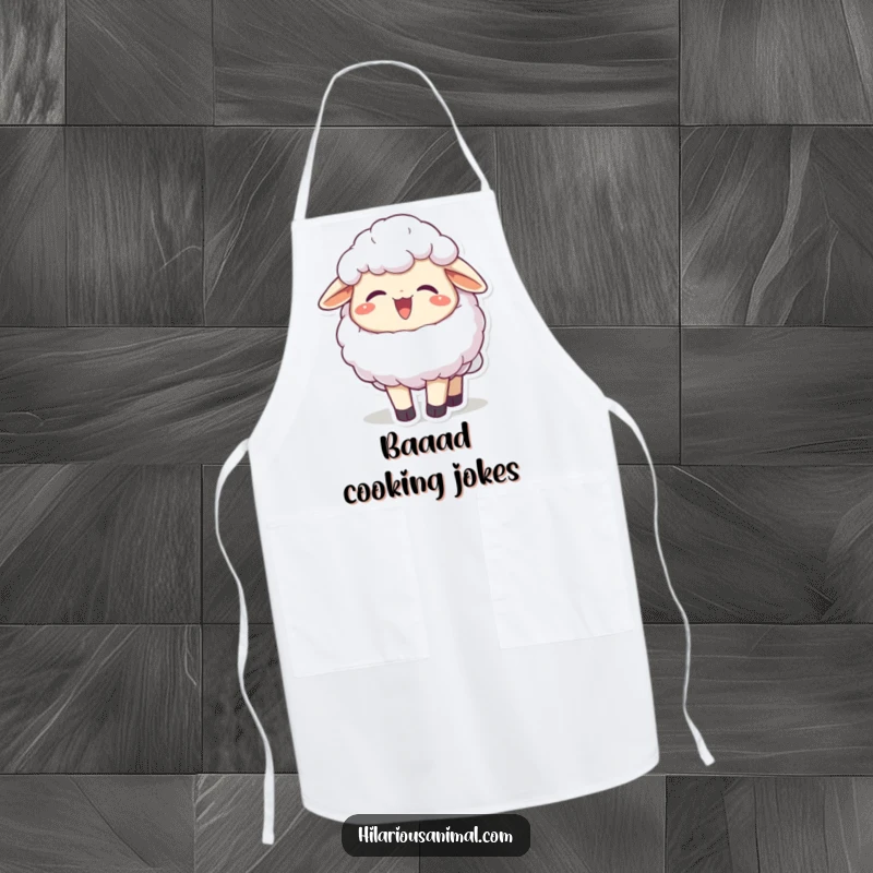 Funny joyful fluffy sheep character chuckling, head thrown back on an apron, cheerful kitchen wear, a whimsical funny gift.