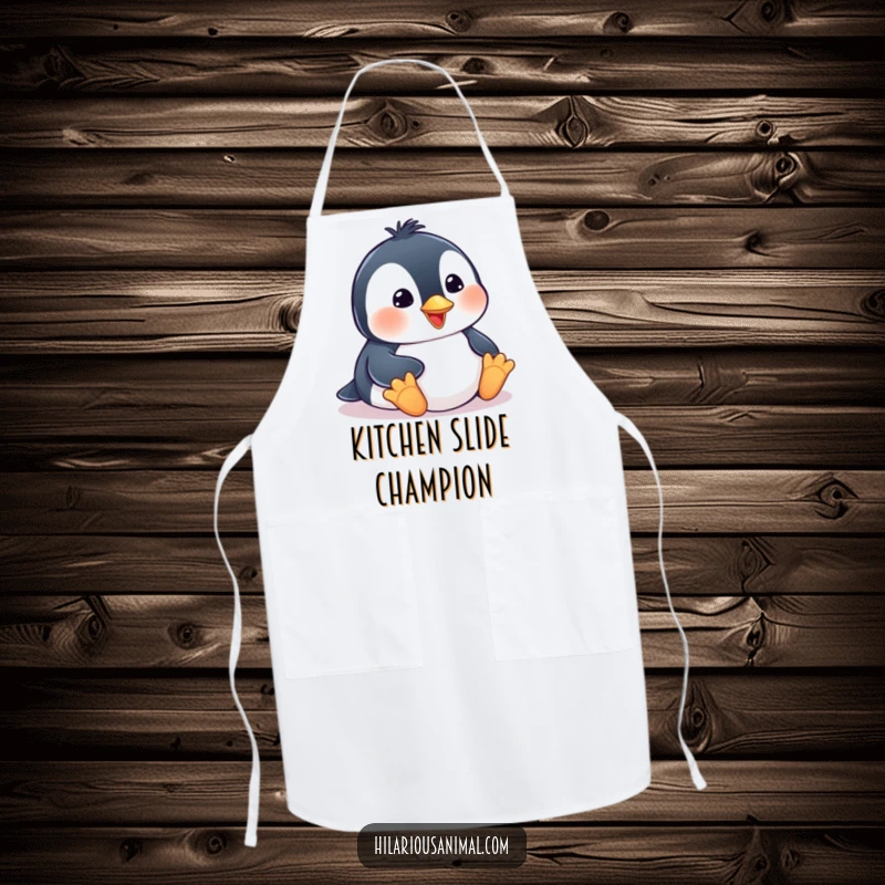 Funny penguin cub apron, cheerfully belly-sliding with a smile while cooking, bringing humor to the kitchen.