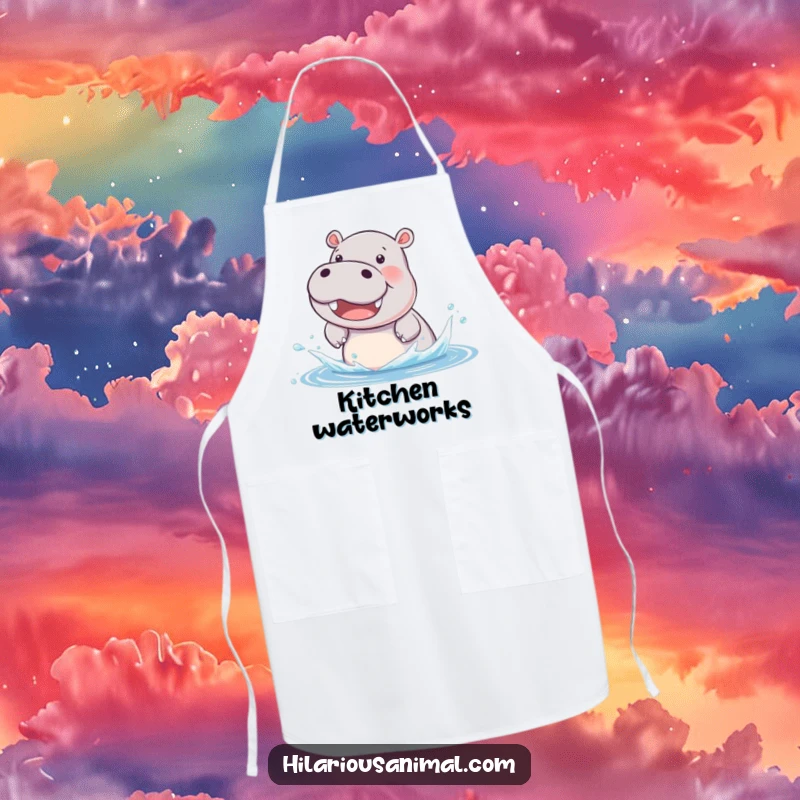 Funny hippo cub apron, beaming and splashing water with delight while cooking, bringing fun humor to the kitchen.