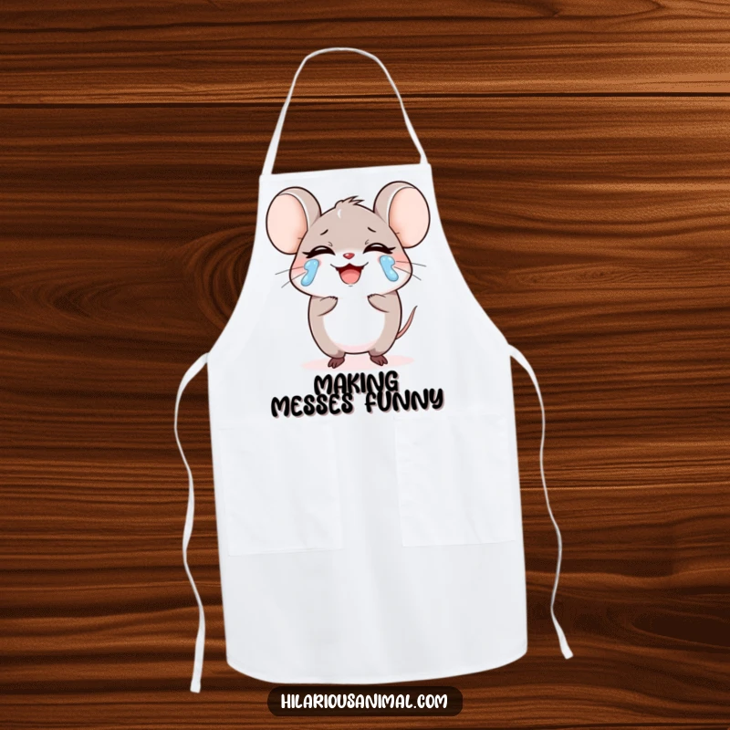 Funny small round mouse character laughing heartily, tears streaming on an apron, joyful kitchen wear, a hilarious funny gift.