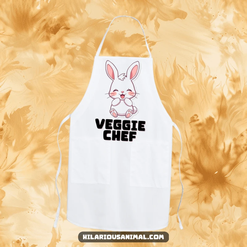 Funny cheerful bunny apron featuring a rabbit muffling a laugh behind its paws, ready to add some fun to your cooking.