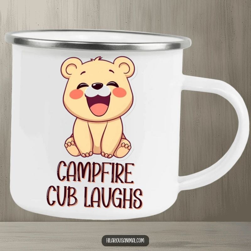 Funny bear cub laughing heartily with mouth open, on an enamel camping mug, a cheerful and funny gift.