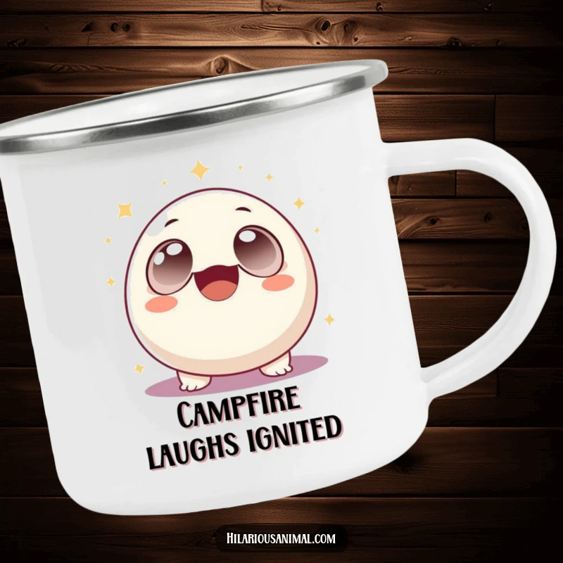 Funny round creature laughing hysterically with sparkles, on an enamel camping mug, a cheerful and funny gift.
