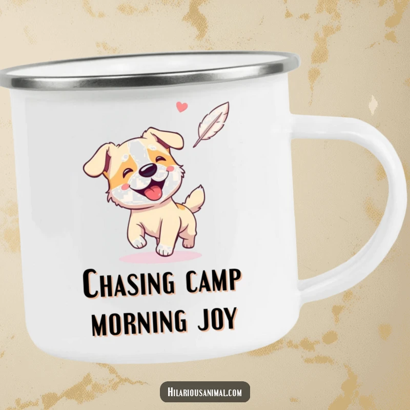 Funny camping mug with a giggling, panting dog chasing a floating feather, ready for outdoor fun.