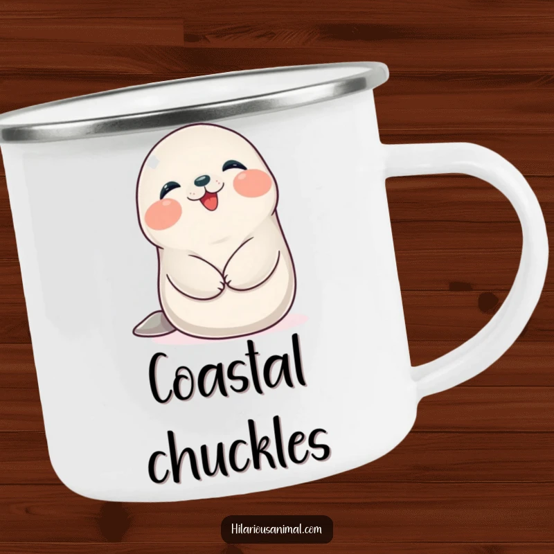 Funny Seal Cub Camping Mug: A happy, plump seal cub giggling while holding its belly, perfect for outdoor sipping.