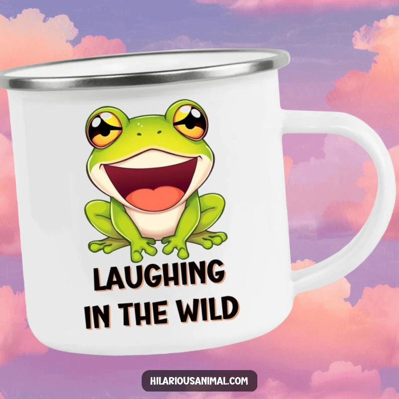 Funny camping mug showing a green frog laughing with comically bulging eyes, perfect for outdoor laughs.