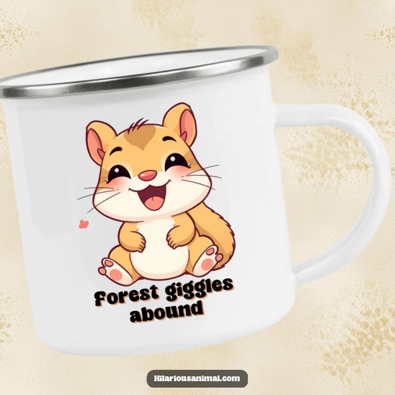 Funny Delighted Squirrel Camping Mug: A happy squirrel cub chattering with giggles, ready for campfire stories and outdoor fun with cheerful humor.