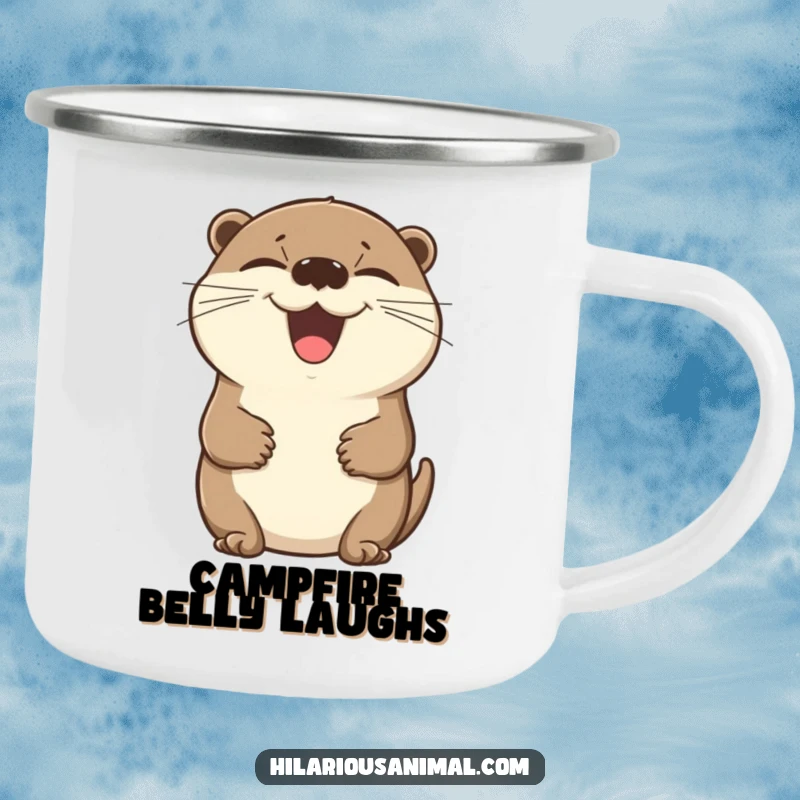 Funny otter camping mug, sturdy and amusing, showing a beaming otter laughing with eyes closed.