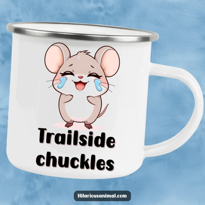 Funny small round mouse character laughing heartily, tears streaming on a camping mug, a round enamel cup of pure joy, a funny gift.