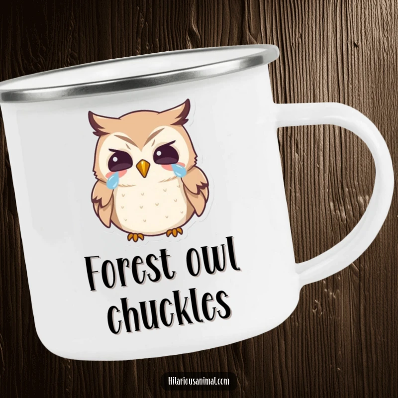 Funny owl camping mug, enamel cup with a tiny bird laughing heartily with tears, perfect for outdoor use.