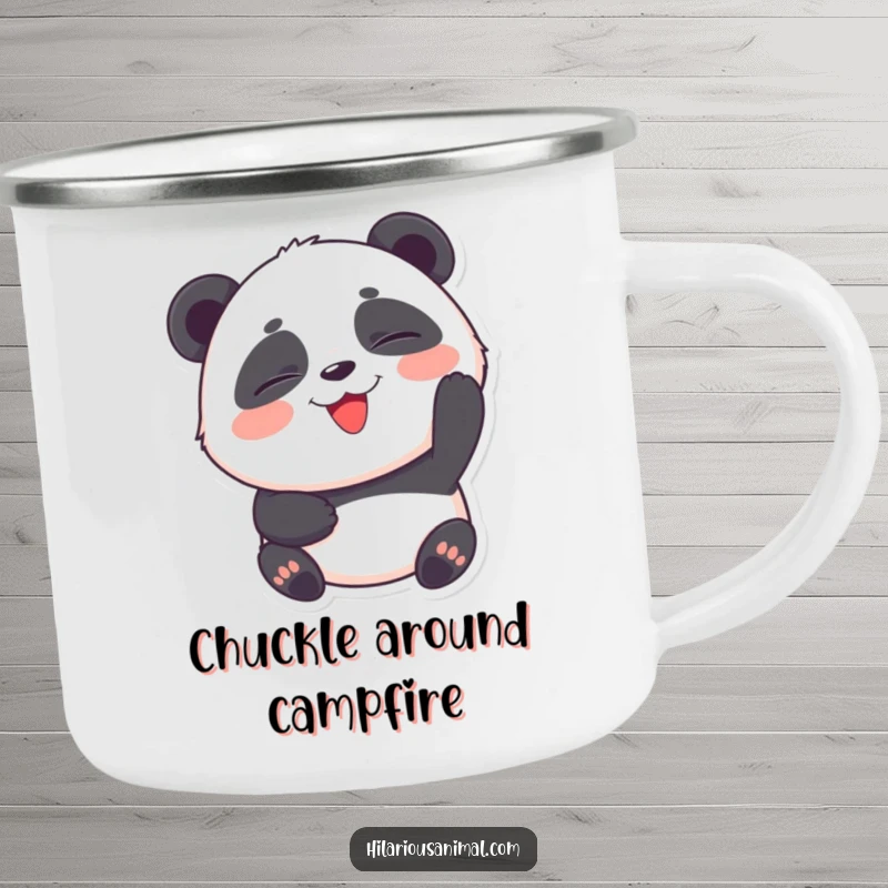 Funny Panda Cub Camping Mug: A round panda cub with eyes squeezed shut, laughing heartily, perfect for outdoor sipping.