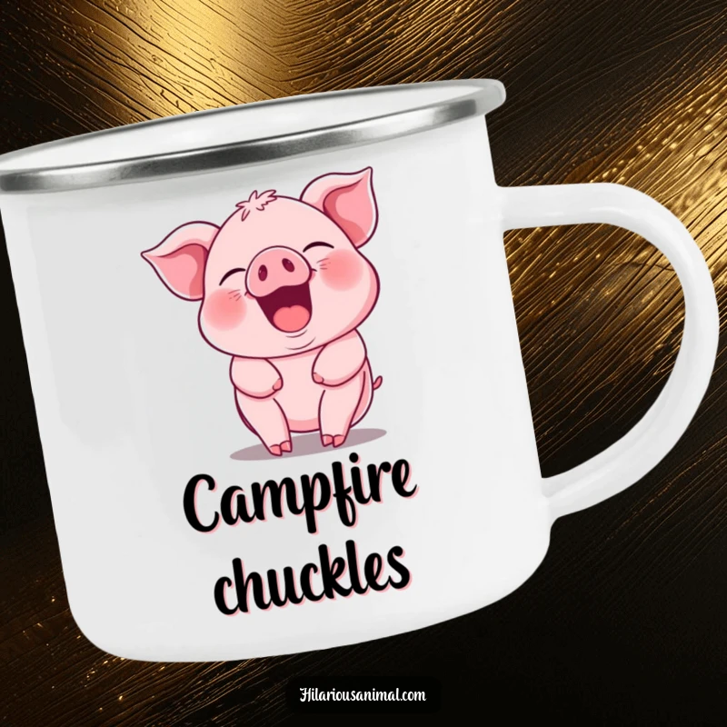 Funny pink piglet camping mug, its whole body jiggling with mirth, ready for outdoor beverages and good times.