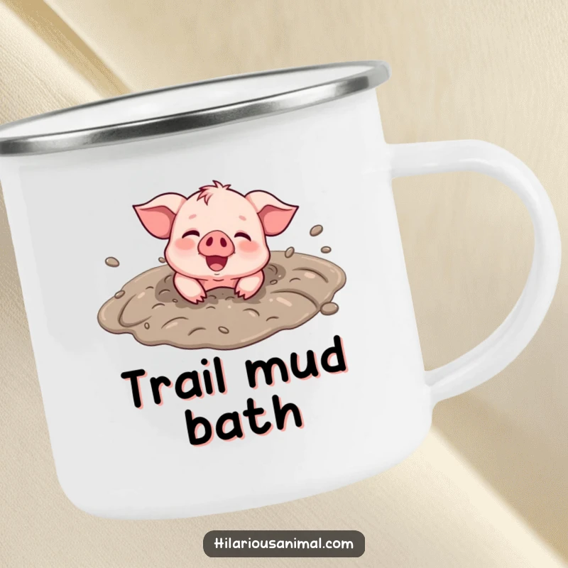 Funny Piglet Mud Puddle Camping Mug - A durable mug with a smiling piglet rolling in a mud puddle, covered in joy, perfect for outdoor fun.
