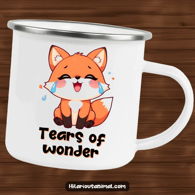 Funny red fox camping mug with streams of joyful tears, perfect for humorous outdoor adventures and heartwarming moments.