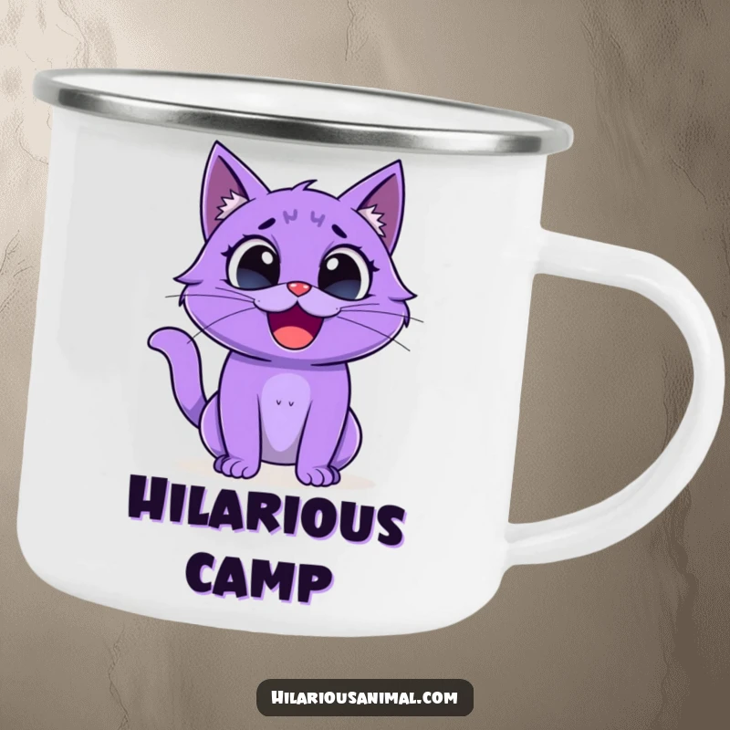 Funny purple cat camping mug, creature with wide eyes laughing with pure joy, durable and humorous.