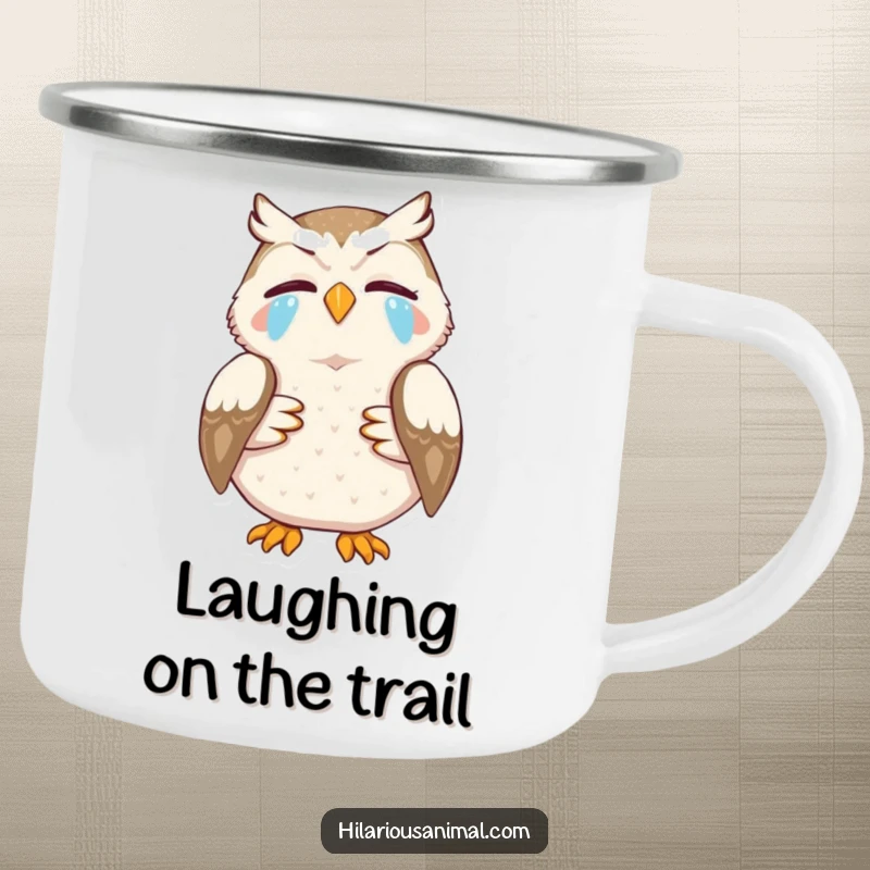 Funny camping mug with a laughing owl, tears streaming, suitable for outdoor use as a funny gift.