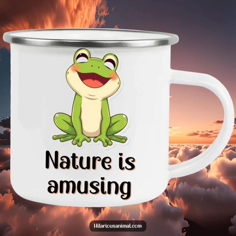 Funny green frog camping mug, mouth wide open in laughter, perfect for outdoor fun.
