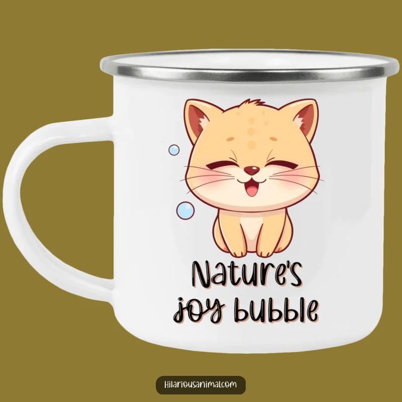 Funny Joy Bubble Enamel Mug: Blissful Camp Companion, Whiskered Animal, Hilarious Funny Gift