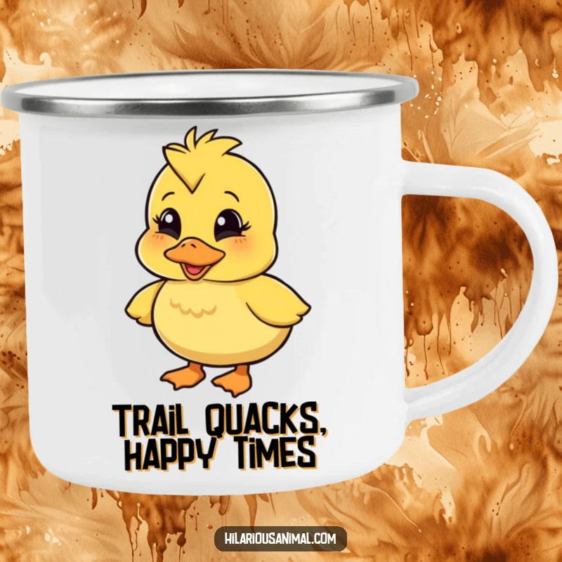 Funny wobbly duckling camping mug featuring a character quacking with amusement, built for adventure and adding a dose of humorous charm to outdoor settings.