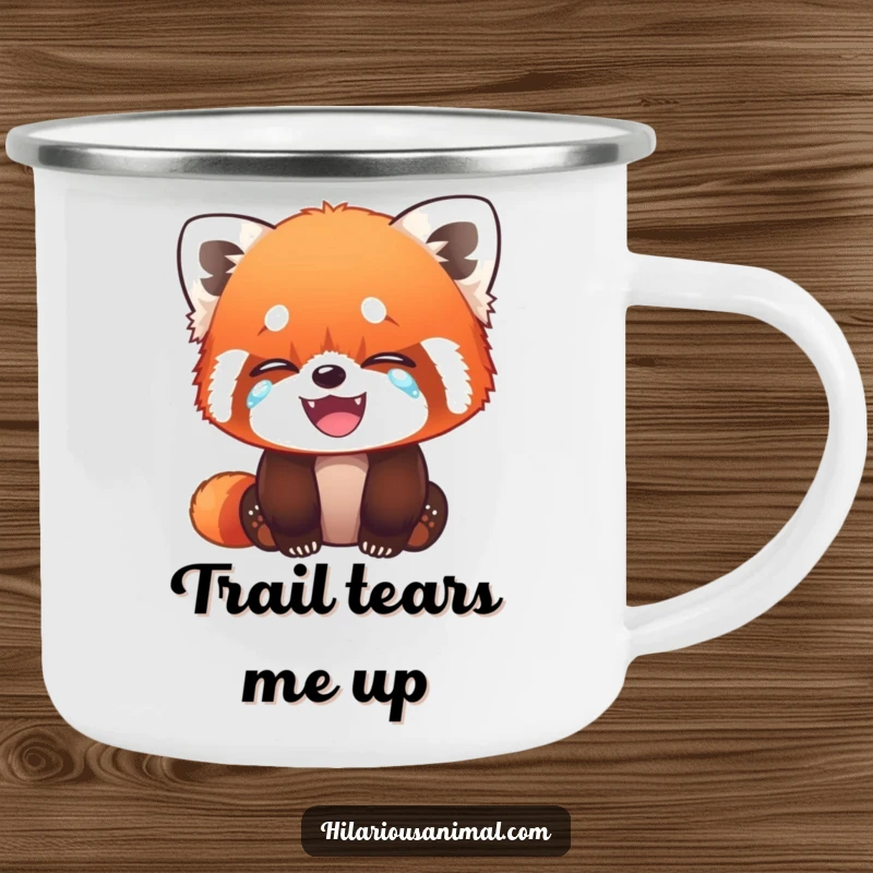 Funny Red Panda Cub Camping Mug - Durable mug with a red panda cub wiping tears of laughter, perfect for humorous outdoor adventures.