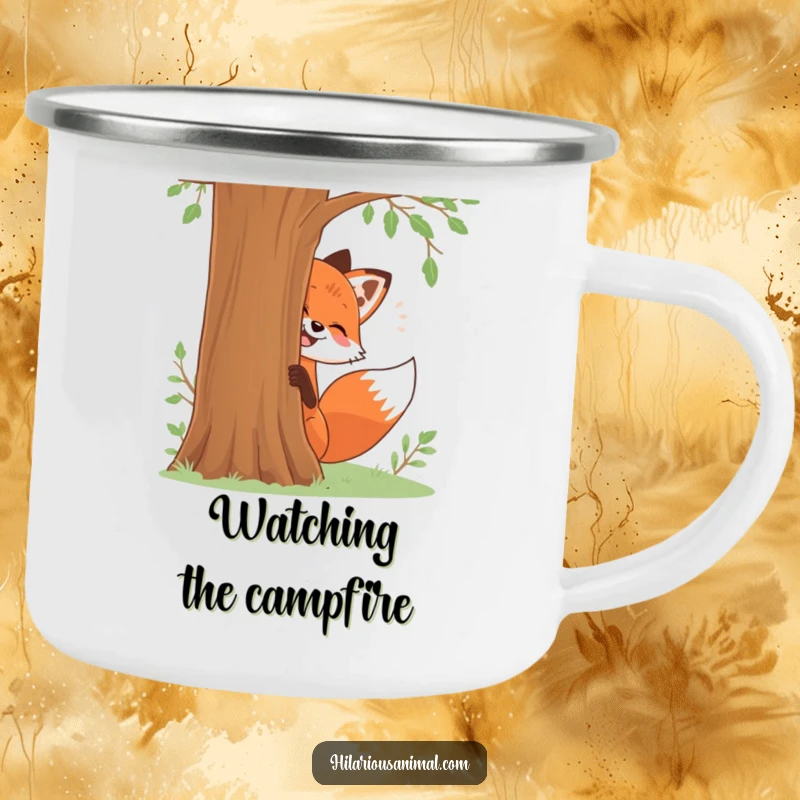 Funny camping mug with a red fox playfully giggling while peeking from behind a tree, functional funny gift.