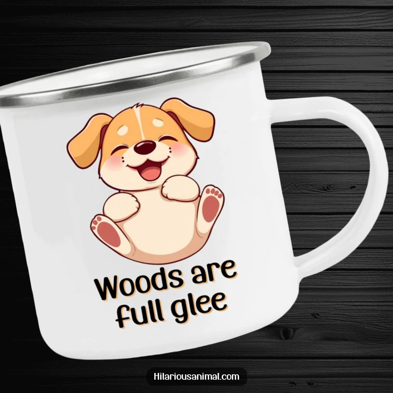 Funny dog camping mug depicting a floppy-eared dog rolling on its back, full of adventurous giggling glee.