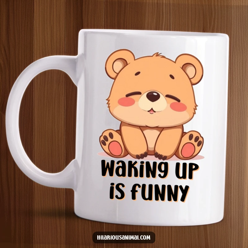 Funny brown bear cub mug, softly chuckling with sleepy eyes, radiating peaceful amusement.