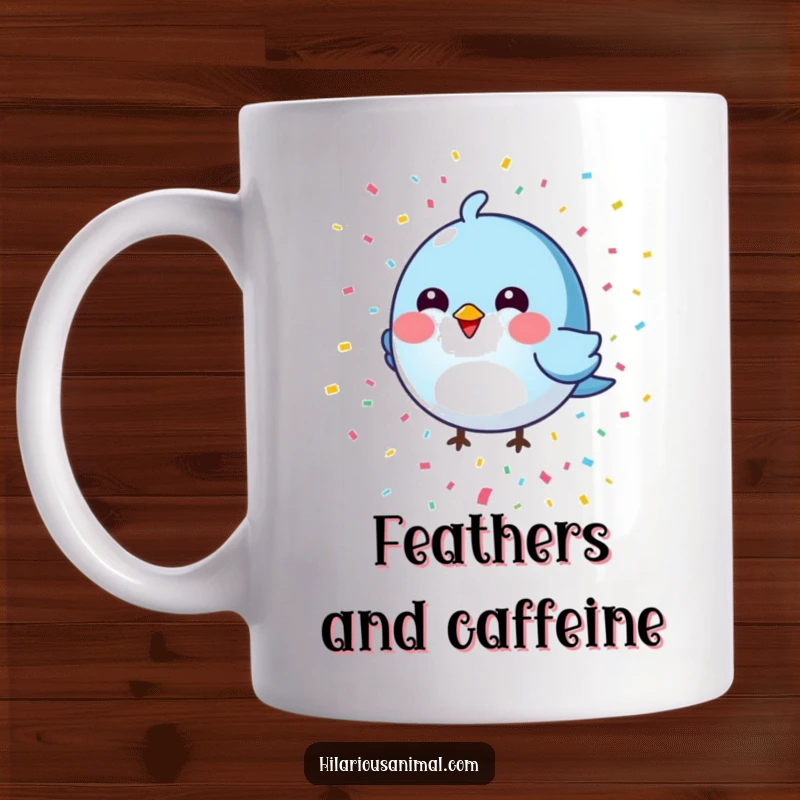 Funny round blue bird mug with colorful confetti falling, a joyful and whimsical design, perfect for a celebratory gift.