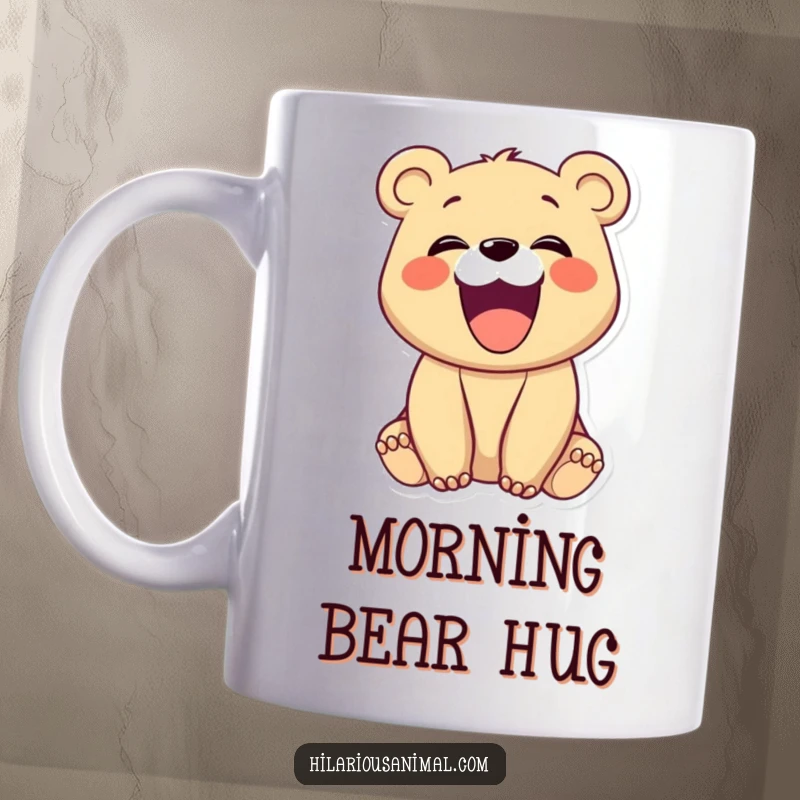 Funny delighted bear cub with its mouth wide open in a hearty laugh, printed on a mug, conveying pure joy, a funny gift.