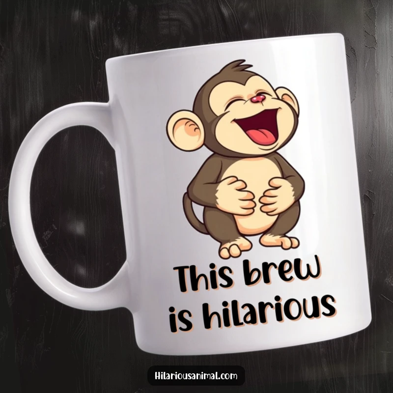 Funny monkey mug featuring a silly character holding its belly, roaring with laughter, capturing pure, uninhibited primate hilarity for a joyful gift.
