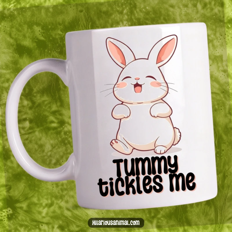 Funny rabbit mug showing a bunny with its belly exposed, shaking with silent laughter, conveying contagious joy.
