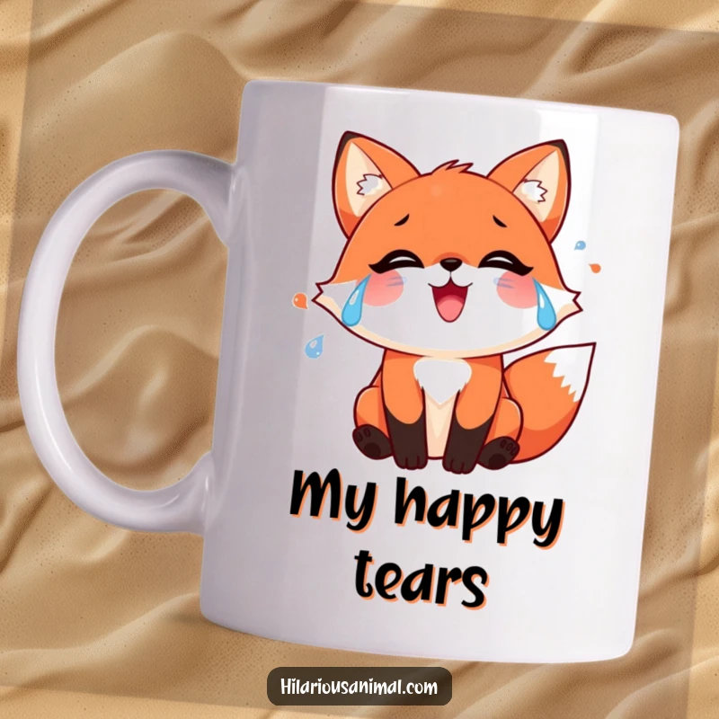 Funny red fox mug with streams of joyful tears, expressing overwhelming happiness, a hilarious and heartwarming gift choice.