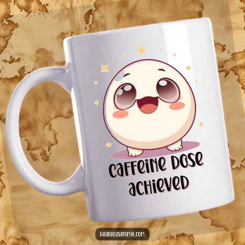 Funny round creature with big eyes laughing hysterically amidst sparkles on a mug, radiating pure, comical glee, a funny gift.