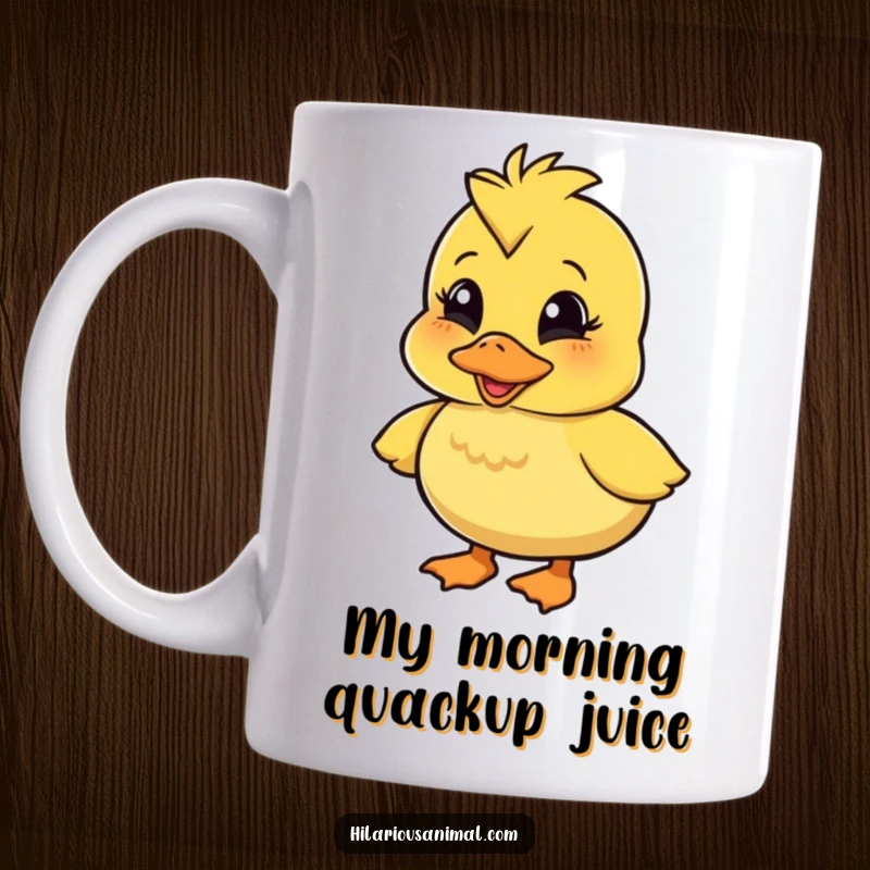 Funny wobbly duckling mug, caught mid-quack with pure amusement, embodying delightful clumsiness and infectious laughter for a charming gift.
